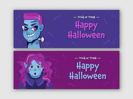 Happy Halloween Banner Or Header Design With Zombie, Female Vampire Or Witch In Two Color Options. vector