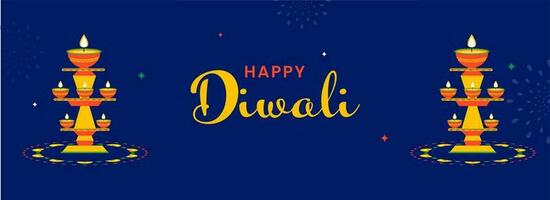 Happy Diwali Celebration Concept With Lit Oil Lamps Stands On Blue Background. vector