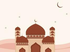 Mosque Illustration With Crescent Moon On White And Pastel Pink Background. vector