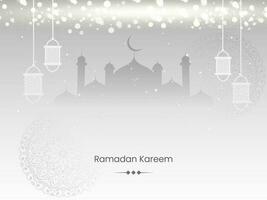 Ramadán kareem concepto con Arábica linternas colgar y bokeh efecto en gris silueta mezquita antecedentes. vector