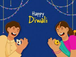 contento diwali celebracion concepto con indio joven chico y niña comiendo dulces en azul ondulado líneas antecedentes. vector