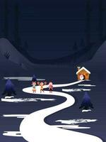 dibujos animados Papa Noel claus con alegre niños participación regalo caja, Navidad árbol y casa ilustración en azul nieve antecedentes para alegre Navidad. vector