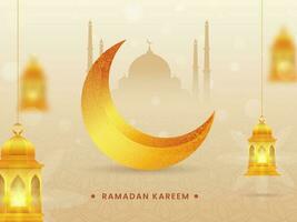 3D Golden Crescent Moon With Illuminated Lanterns Hang And Silhouette Mosque On Islamic Pattern Background For Ramadan Kareem. vector