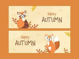 Happy Autumn Banner Or Header Design Set With Cartoon Raccoon, Fox And Leaves On Pastel Yellow Background. vector