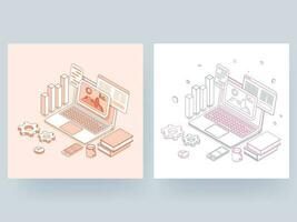 Line art illustration of Online info graphic presentation in laptop with multiple screen, smartphone, cogwheel and bar graph in two color background. vector