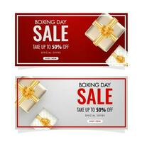 Set of Boxing Day Sale banner design with discount offer and top view of gift boxes decorated on background. vector