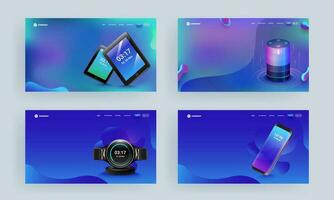 Responsive web template or landing page set with gadgets like as smartphone, voice assistant, tablets and smart watch on abstract background. vector