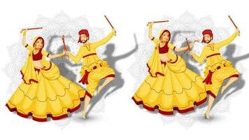Set of couple character dancing with dandiya sticks on white mandala floral background. vector
