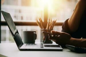 Financial Business team present. Business man hands hold documents with financial statistic stock photo, discussion, and analysis report data the charts and graphs. Finance Financial concept photo