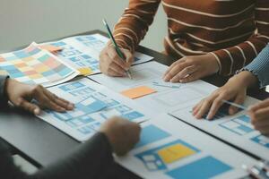 ux Graphic designer creative sketch planning application process development prototype wireframe for web mobile phone . User experience concept. photo
