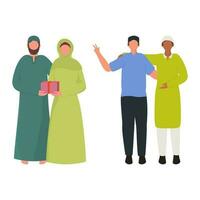 dibujos animados musulmán hombres y mujer personaje en en pie pose. vector