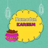 Ramadan Kareem Concept With Pot Full Of Dates, Doodle Lanterns Hang On Yellow And Mint Green Islamic Pattern Background. vector