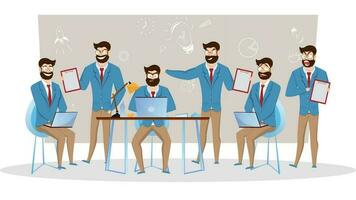 Set of businessman character in different expression on workplace background. vector