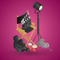 Realistic director chair with video camera, film reel, soft drink and popcorn bucket on pink background. vector