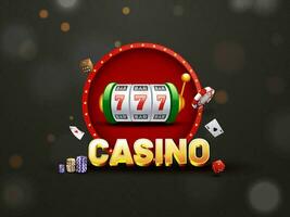 3D Golden Casino Text With Slot Machine, Poker Chips, Dice, Playing Card And Marquee Round Frame On Black Bokeh Background. vector