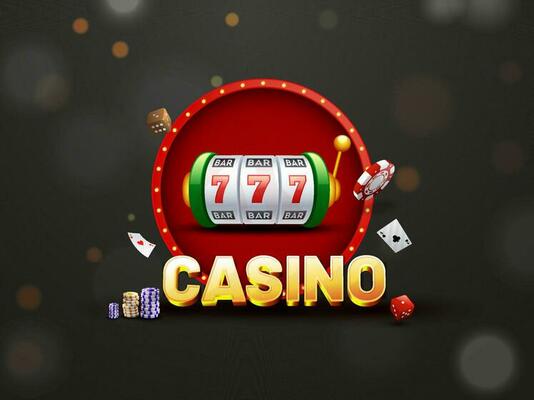 3D Golden Casino Text With Slot Machine, Poker Chips, Dice, Playing Card And Marquee Round Frame On Black Bokeh Background.