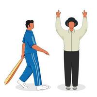 Faceless Batsman And Umpire Signalling Six Runs In Standing Pose. vector