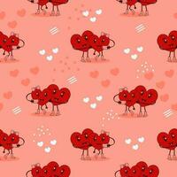 Cartoon Heart Couple Pattern On Red Background. vector