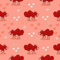 Cartoon Heart Couple Pattern On Red Background. vector