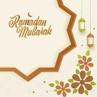 Ramadán Mubarak fuente con creciente luna, flores y colgando linternas decorado antecedentes. vector