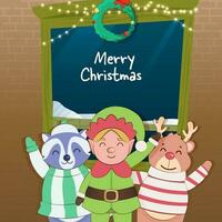 Merry Christmas Celebration Background With Cartoon Elf, Raccoon And Reindeer Character. vector