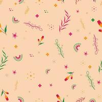 Peach Background Decorated With Boho Rainbow, Stars And Leaves Branch. vector