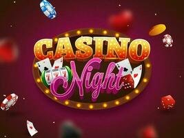 3d casino noche texto en marquesina oval marco con espacio máquina, jugando tarjetas, póker papas fritas y dorado monedas decorado rosado antecedentes. vector