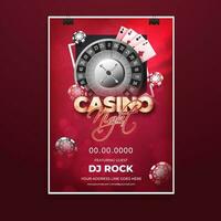 Casino Night party invitation card or template design with roulette wheel, playing cards and poker chip on red light effect background with venue details. vector