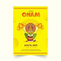 contento onam póster o modelo diseño con Kathakali bailarín cara y festival elementos en amarillo color. vector