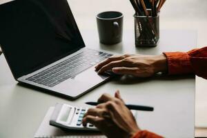 Financial Business team present. Business man hands hold documents with financial statistic stock photo, discussion, and analysis report data the charts and graphs. Finance Financial concept photo