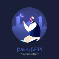 Side View Of Muslim Man Offering Namaz On Blue Silhouette Mosque Nighttime Background For Ramadan Kareem Celebration. vector