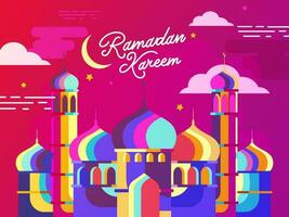 Colorful Mosque Illustration On Magenta And Red Background For Ramadan Kareem Concept. vector