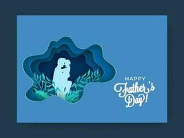 Blue Paper Layer Cut Background Decorated With Leaves And Silhouette Man Hugging His Child For Happy Father's Day. vector