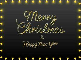 Golden Merry Christmas And Happy New Year Font And Illuminated Light Bulb Decorative Border On Black Background. vector