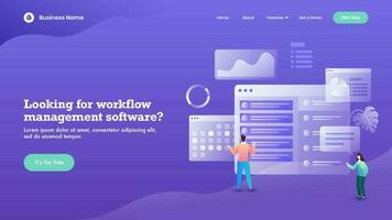 Business man and woman maintain the website on purple background for Workflow management Software concept based landing page design. vector