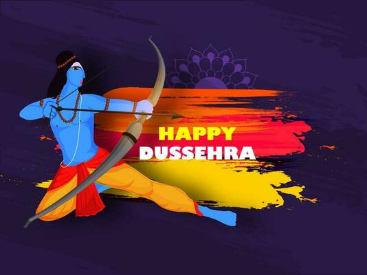 Illustration of Hindu Mythology Lord Rama on brush stroke effect purple background for Happy Dussehra celebration concept. Can be used as poster design.