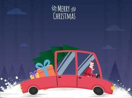 Merry Christmas Concept With Santa Claus Driving Pickup Truck Of Xmas Tree, Gift Boxes On Blue And White Snow Background. vector