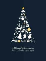 Flat style Xmas tree made by festival elements on blue background for Merry Christmas and Happy New Year celebration template design. vector