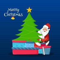 ilustración de Papa Noel claus participación Navidad árbol con regalo cajas en azul antecedentes para alegre Navidad celebracion saludo tarjeta diseño. vector