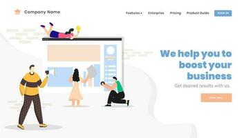 Landing page or web banner design with business people working together on website for Boost your business. vector