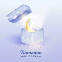 3D Render Of Golden Crescent Moon In Open Magic Box On Light Violet Bokeh Background For Ramadan Mubarak Concept. vector