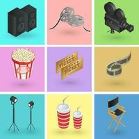 Collection of colorful cinema or movie objects in 3d style. vector