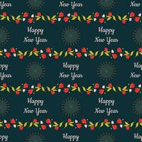 Seamless Pattern Of Happy New Year Font With Floral On Fireworks Teal Background. vector