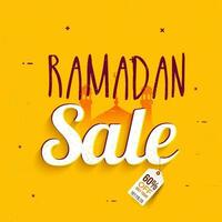 para Ramadán rebaja póster diseño con mezquita en naranja color. vector