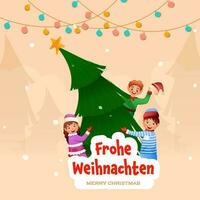 Merry Christmas Font Written In German Language With Cheerful Kids, Elf Holding Xmas Tree And Lighting Or Bauble Garland On Peach Background. vector