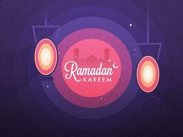 Ramadan Kareem Text With Silhouette Mosque And Hanging Lanterns On Purple Foil Texture Background. vector