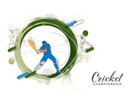 Cricket Championship Concept With Batsman Player In Playing Pose And Brush Effect Halftone On White Background. vector