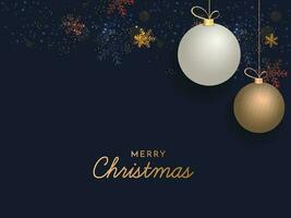 Golden Merry Christmas Font With 3D Baubles Hang, Snowflakes And Bokeh Effect On Blue Background. vector