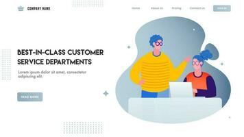 Web banner or landing page design, illustration of man talking to woman working on laptop for Best In Class Customer Service Departments. vector