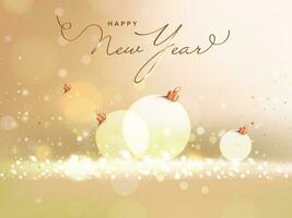 Happy New Year Font With Baubles And Light Effect On Golden Bokeh Background. vector